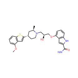 COc1cccc2sc([C@H]3CCN(C[C@H](O)COc4cccc5[nH]c(C(N)=O)cc45)[C@H](C)C3)cc12 ZINC000013587200