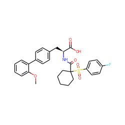 COc1ccccc1-c1ccc(C[C@H](NC(=O)C2(S(=O)(=O)c3ccc(F)cc3)CCCCC2)C(=O)O)cc1 ZINC000027994827