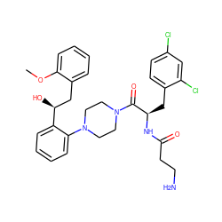 COc1ccccc1C[C@H](O)c1ccccc1N1CCN(C(=O)[C@@H](Cc2ccc(Cl)cc2Cl)NC(=O)CCN)CC1 ZINC000044359088