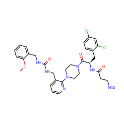 COc1ccccc1CNC(=O)NCc1cccnc1N1CCN(C(=O)[C@@H](Cc2ccc(Cl)cc2Cl)NC(=O)CCN)CC1 ZINC000049776401