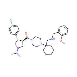 COc1ccccc1CNCC1(N2CCN(C(=O)[C@H]3CN(C(C)C)C[C@@H]3c3ccc(Cl)cc3)CC2)CCCCC1 ZINC000028953962