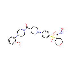 COc1ccccc1N1CCN(C(=O)C2CCN(c3ccc(S(=O)(=O)C4(C(=O)NO)CCOCC4)cc3)CC2)CC1 ZINC000049777053