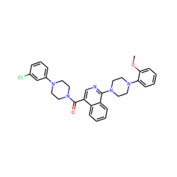 COc1ccccc1N1CCN(c2ncc(C(=O)N3CCN(c4cccc(Cl)c4)CC3)c3ccccc23)CC1 ZINC000017434000