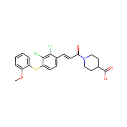 COc1ccccc1Sc1ccc(/C=C/C(=O)N2CCC(C(=O)O)CC2)c(Cl)c1Cl ZINC000013470558