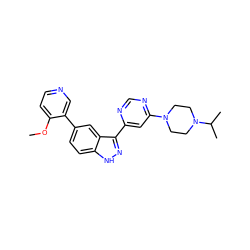 COc1ccncc1-c1ccc2[nH]nc(-c3cc(N4CCN(C(C)C)CC4)ncn3)c2c1 ZINC000221157782