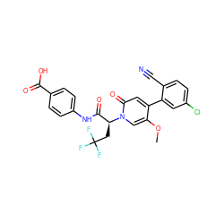 COc1cn([C@@H](CC(F)(F)F)C(=O)Nc2ccc(C(=O)O)cc2)c(=O)cc1-c1cc(Cl)ccc1C#N ZINC001772605144