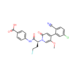 COc1cn([C@@H](CCF)C(=O)Nc2ccc(C(=O)O)cc2)c(=O)cc1-c1cc(Cl)ccc1C#N ZINC000220707839