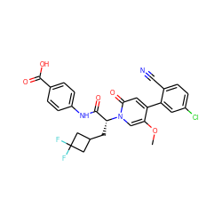 COc1cn([C@H](CC2CC(F)(F)C2)C(=O)Nc2ccc(C(=O)O)cc2)c(=O)cc1-c1cc(Cl)ccc1C#N ZINC001772580814