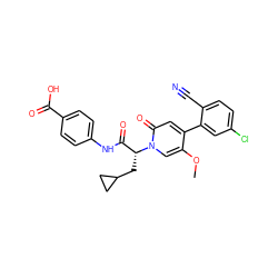 COc1cn([C@H](CC2CC2)C(=O)Nc2ccc(C(=O)O)cc2)c(=O)cc1-c1cc(Cl)ccc1C#N ZINC001772610559