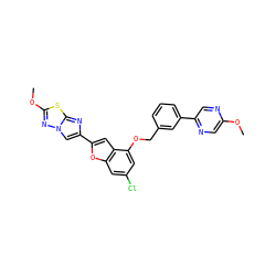 COc1cnc(-c2cccc(COc3cc(Cl)cc4oc(-c5cn6nc(OC)sc6n5)cc34)c2)cn1 ZINC000205749583