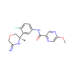 COc1cnc(C(=O)Nc2ccc(F)c([C@]3(C)COCC(=N)N3)c2)cn1 ZINC000473152394