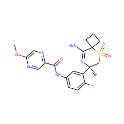 COc1cnc(C(=O)Nc2ccc(F)c([C@]3(C)CS(=O)(=O)C4(CCC4)C(N)=N3)c2)cn1 ZINC000207719358