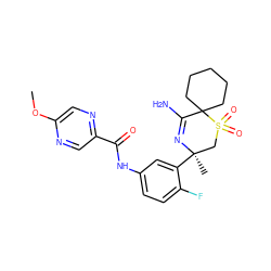 COc1cnc(C(=O)Nc2ccc(F)c([C@]3(C)CS(=O)(=O)C4(CCCCC4)C(N)=N3)c2)cn1 ZINC000207724182