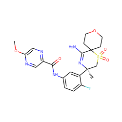 COc1cnc(C(=O)Nc2ccc(F)c([C@]3(C)CS(=O)(=O)C4(CCOCC4)C(N)=N3)c2)cn1 ZINC000217749351