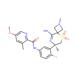 COc1cnc(C(=O)Nc2ccc(F)c([C@]3(C)CS(=O)(=O)C4(CN(C)C4)C(N)=N3)c2)c(C)c1 ZINC000214078796