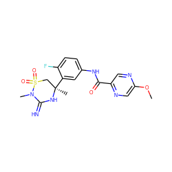 COc1cnc(C(=O)Nc2ccc(F)c([C@]3(C)CS(=O)(=O)N(C)C(=N)N3)c2)cn1 ZINC000144648655