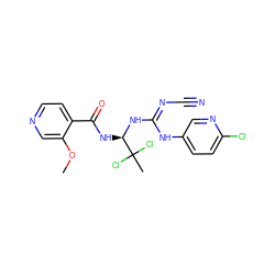 COc1cnccc1C(=O)N[C@@H](N/C(=N/C#N)Nc1ccc(Cl)nc1)C(C)(Cl)Cl ZINC000028866459