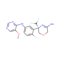 COc1cncnc1Nc1ccc(F)c([C@]2(C(F)F)COCC(N)=N2)c1 ZINC000145303452