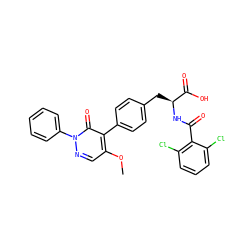 COc1cnn(-c2ccccc2)c(=O)c1-c1ccc(C[C@H](NC(=O)c2c(Cl)cccc2Cl)C(=O)O)cc1 ZINC000014962215