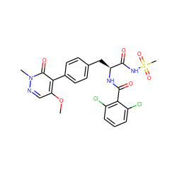 COc1cnn(C)c(=O)c1-c1ccc(C[C@H](NC(=O)c2c(Cl)cccc2Cl)C(=O)NS(C)(=O)=O)cc1 ZINC000029127878