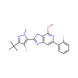 COc1nc(-c2ccccc2F)cc2nc(-c3c(Cl)c(C(C)(C)C)nn3C)[nH]c12 ZINC000141918324