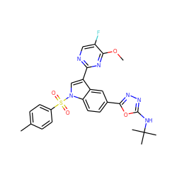 COc1nc(-c2cn(S(=O)(=O)c3ccc(C)cc3)c3ccc(-c4nnc(NC(C)(C)C)o4)cc23)ncc1F ZINC000204763724