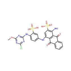 COc1nc(Cl)nc(Nc2ccc(Nc3cc(S(=O)(=O)O)c(N)c4c3C(=O)c3ccccc3C4=O)cc2S(=O)(=O)O)n1 ZINC000049899400