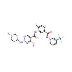 COc1nc(NC2CCN(C)CC2)ncc1C(=O)Nc1cc(C(=O)Nc2cccc(C(F)(F)F)c2)ccc1C ZINC000029127914