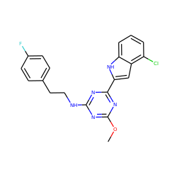 COc1nc(NCCc2ccc(F)cc2)nc(-c2cc3c(Cl)cccc3[nH]2)n1 ZINC000206745779