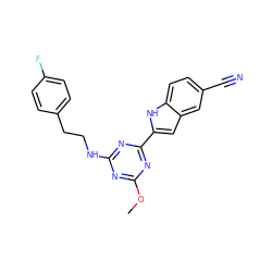 COc1nc(NCCc2ccc(F)cc2)nc(-c2cc3cc(C#N)ccc3[nH]2)n1 ZINC000206745896