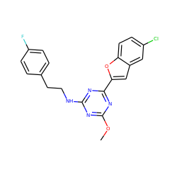 COc1nc(NCCc2ccc(F)cc2)nc(-c2cc3cc(Cl)ccc3o2)n1 ZINC000206756787