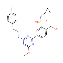 COc1nc(NCCc2ccc(F)cc2)nc(-c2ccc(CO)c(S(=O)(=O)NC3CC3)c2)n1 ZINC000206762298