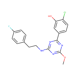 COc1nc(NCCc2ccc(F)cc2)nc(-c2ccc(Cl)c(O)c2)n1 ZINC000206762413