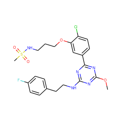 COc1nc(NCCc2ccc(F)cc2)nc(-c2ccc(Cl)c(OCCCNS(C)(=O)=O)c2)n1 ZINC000206768719