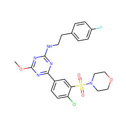 COc1nc(NCCc2ccc(F)cc2)nc(-c2ccc(Cl)c(S(=O)(=O)N3CCOCC3)c2)n1 ZINC000206756910