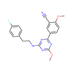 COc1nc(NCCc2ccc(F)cc2)nc(-c2ccc(OC)c(C#N)c2)n1 ZINC000206768585