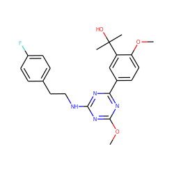 COc1nc(NCCc2ccc(F)cc2)nc(-c2ccc(OC)c(C(C)(C)O)c2)n1 ZINC000206762234