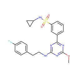 COc1nc(NCCc2ccc(F)cc2)nc(-c2cccc(S(=O)(=O)NC3CC3)c2)n1 ZINC000206756727