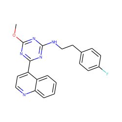 COc1nc(NCCc2ccc(F)cc2)nc(-c2ccnc3ccccc23)n1 ZINC000473162825