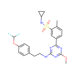 COc1nc(NCCc2ccc(OC(F)F)cc2)nc(-c2ccc(C)c(S(=O)(=O)NC3CC3)c2)n1 ZINC000206762355