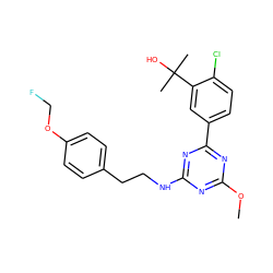 COc1nc(NCCc2ccc(OCF)cc2)nc(-c2ccc(Cl)c(C(C)(C)O)c2)n1 ZINC000206773887