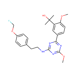 COc1nc(NCCc2ccc(OCF)cc2)nc(-c2ccc(OC)c(C(C)(C)O)c2)n1 ZINC000206773831