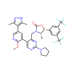 COc1ncc(-c2c(C)n[nH]c2C)cc1-c1cnc(N2CCCC2)nc1CN1C(=O)O[C@H](c2cc(C(F)(F)F)cc(C(F)(F)F)c2)[C@@H]1C ZINC000205756537