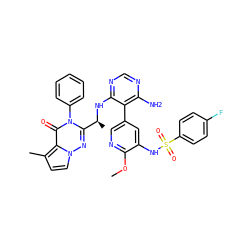 COc1ncc(-c2c(N)ncnc2N[C@@H](C)c2nn3ccc(C)c3c(=O)n2-c2ccccc2)cc1NS(=O)(=O)c1ccc(F)cc1 ZINC000209038684