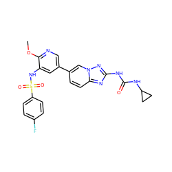 COc1ncc(-c2ccc3nc(NC(=O)NC4CC4)nn3c2)cc1NS(=O)(=O)c1ccc(F)cc1 ZINC000473110976