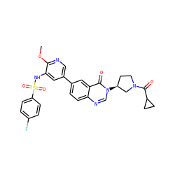 COc1ncc(-c2ccc3ncn([C@H]4CCN(C(=O)C5CC5)C4)c(=O)c3c2)cc1NS(=O)(=O)c1ccc(F)cc1 ZINC001772646048