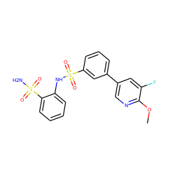 COc1ncc(-c2cccc(S(=O)(=O)Nc3ccccc3S(N)(=O)=O)c2)cc1F ZINC000147583509