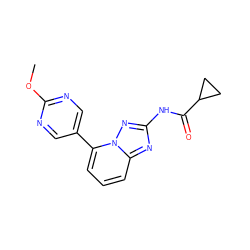 COc1ncc(-c2cccc3nc(NC(=O)C4CC4)nn23)cn1 ZINC000138691291