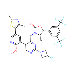 COc1ncc(-c2sc(C)nc2C)cc1-c1cnc(N2CC(F)C2)nc1CN1C(=O)O[C@H](c2cc(C(F)(F)F)cc(C(F)(F)F)c2)[C@@H]1C ZINC000205730593