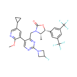 COc1ncc(C2CC2)cc1-c1cnc(N2CC(F)C2)nc1CN1C(=O)O[C@H](c2cc(C(F)(F)F)cc(C(F)(F)F)c2)[C@@H]1C ZINC000205737525